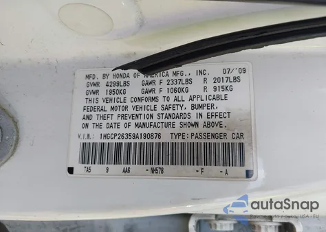 2009 Honda Accord 2.4 Lx из США, поврежденный, VIN 1HGCP26359A190876